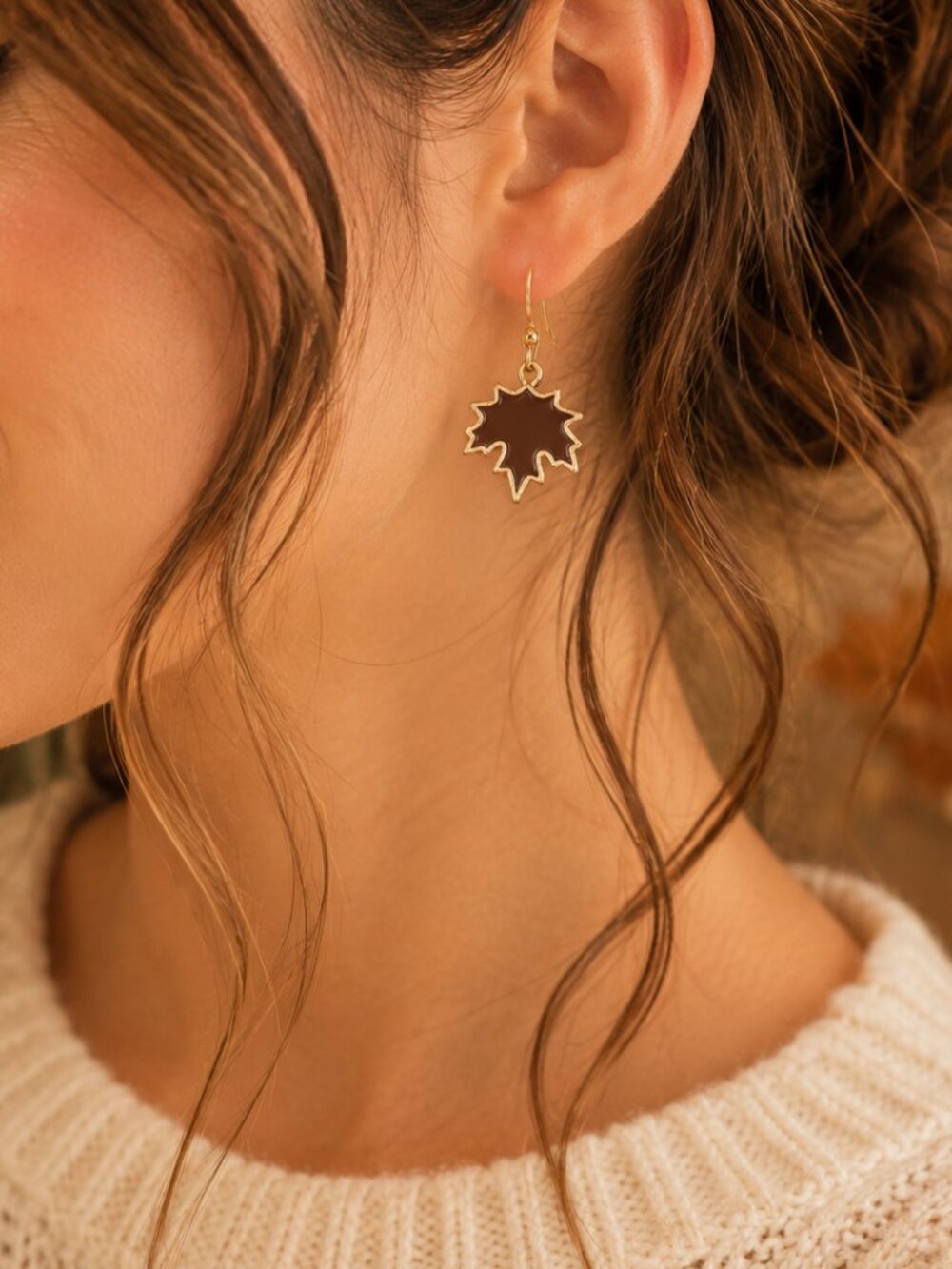 Brown Enamel Maple Leaf Dangle Earrings Gold Fall Autumn Thanksgiving